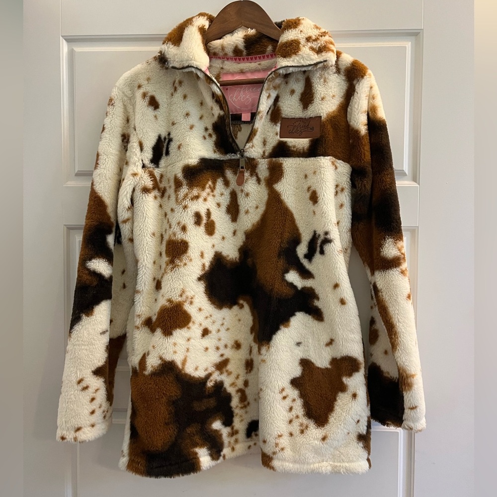 Southern Fried Chics Womens Fleece Pullover - Brown Black and White Cow Print